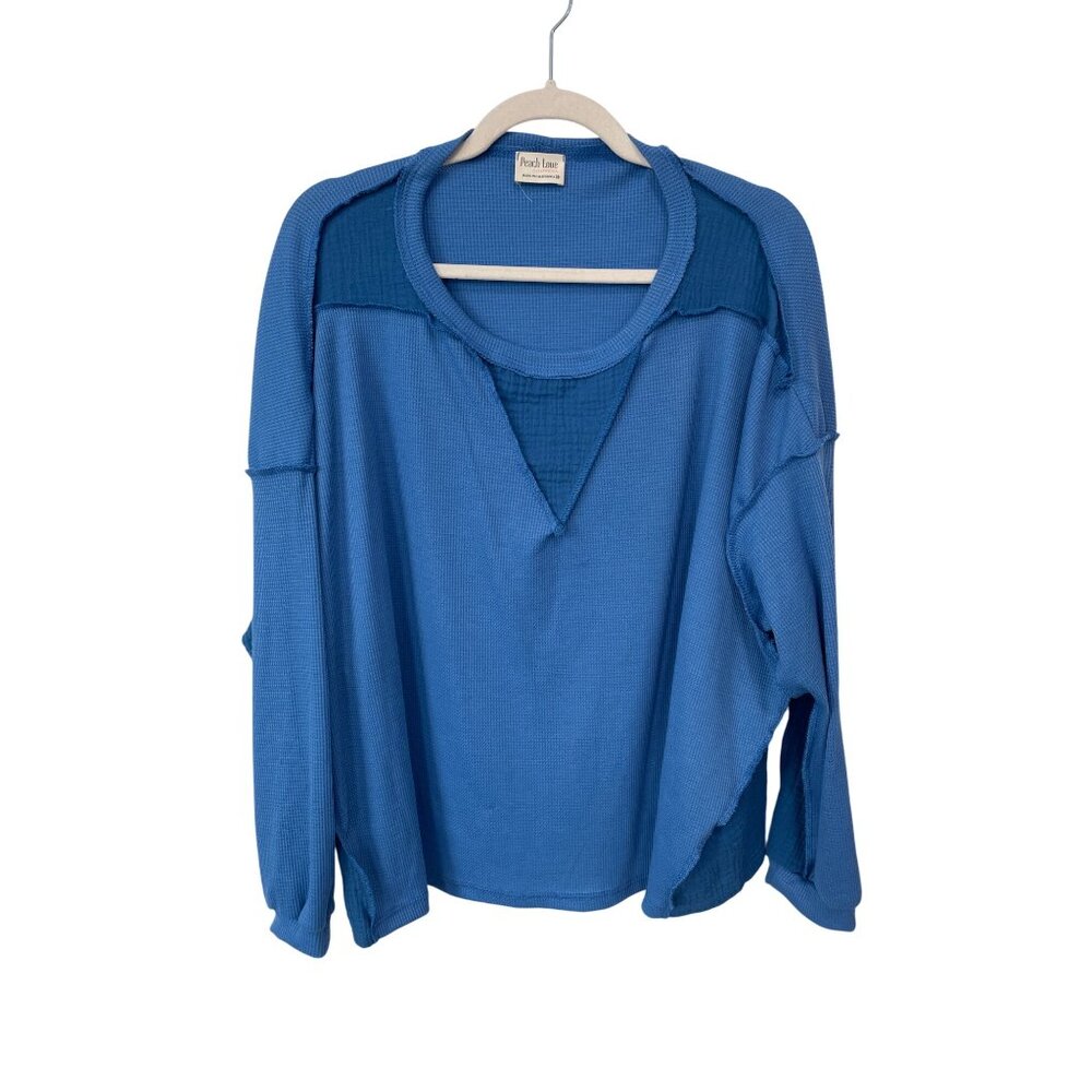 Peach Love Waffle Knit Patchwork Top Size Medium Thermal Long Sleeve Blue Cozy